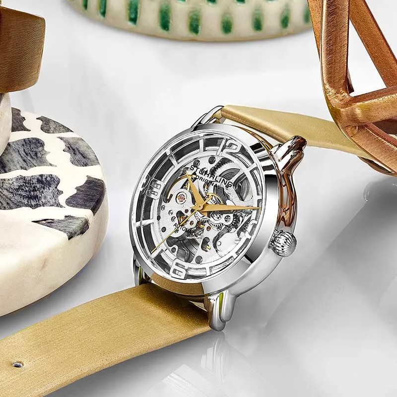 STUHRLING Wrist Watch Automatic Mechanical Movement Leather Watch Bands Cut Out Dial Unisex-3