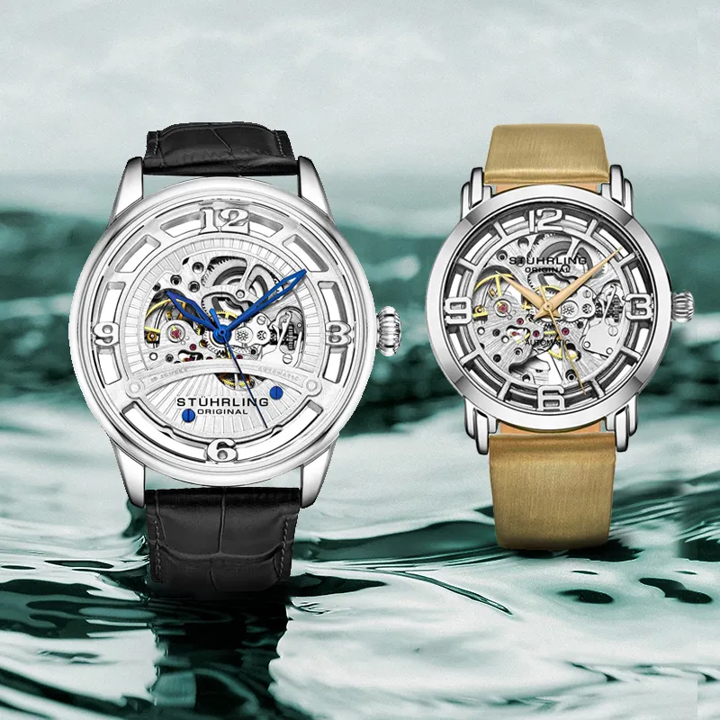 STUHRLING Wrist Watch Automatic Mechanical Movement Leather Watch Bands Cut Out Dial Unisex-1