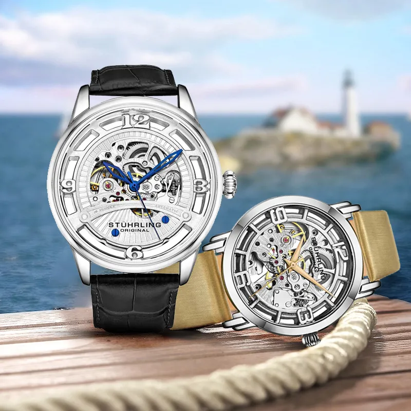 STUHRLING Wrist Watch Automatic Mechanical Movement Leather Watch Bands Cut Out Dial Unisex-2