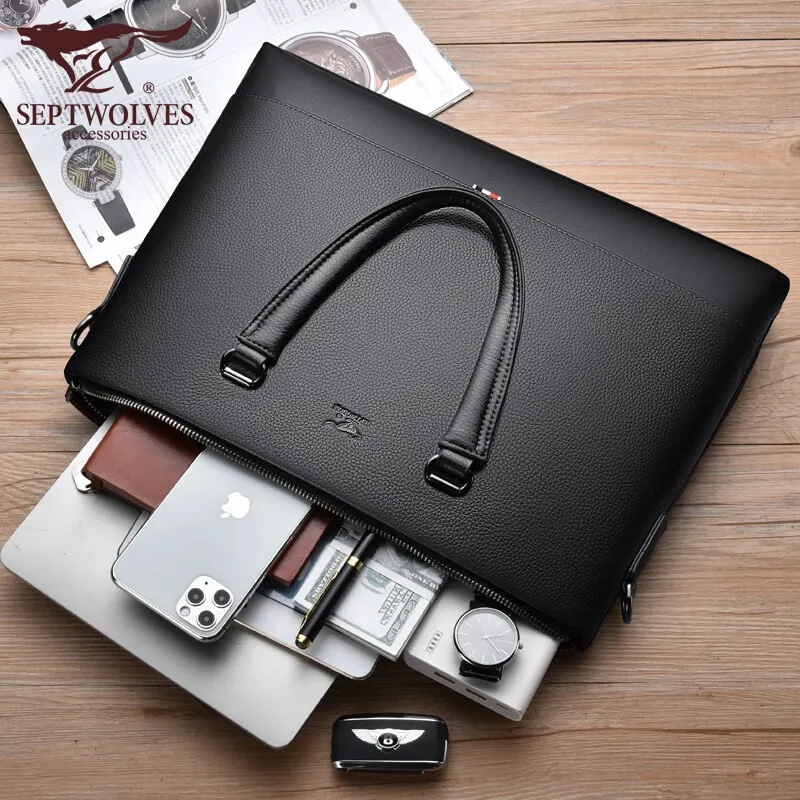 SEPTWOLVES Top Grain Cow Leather Briefcase Men's Black-2