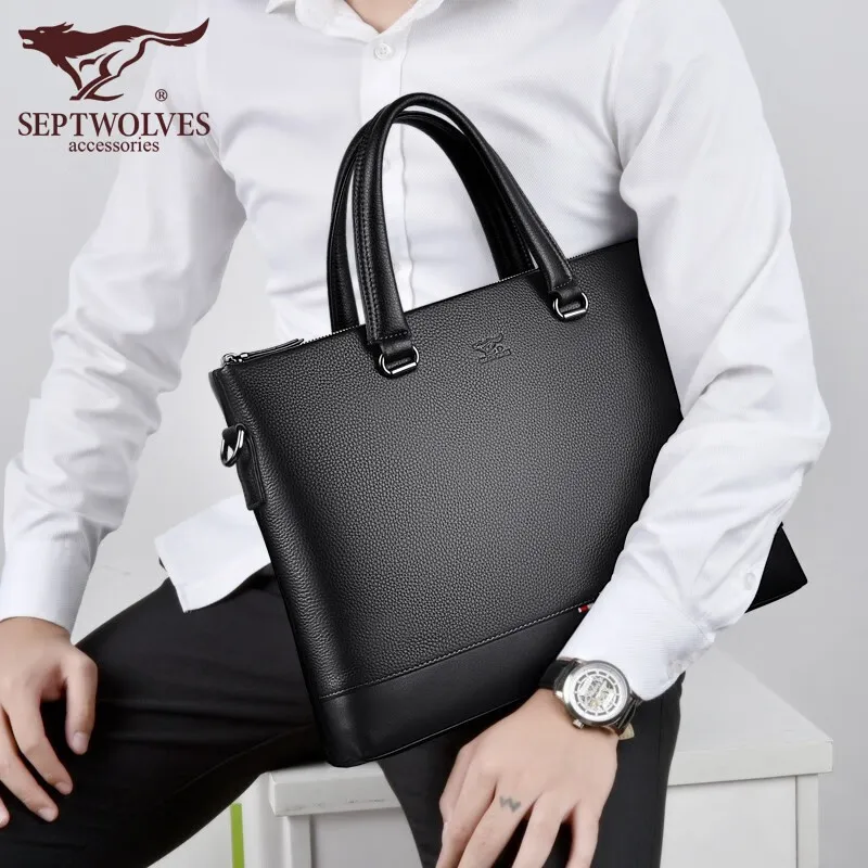 SEPTWOLVES Top Grain Cow Leather Briefcase Men's Black-4