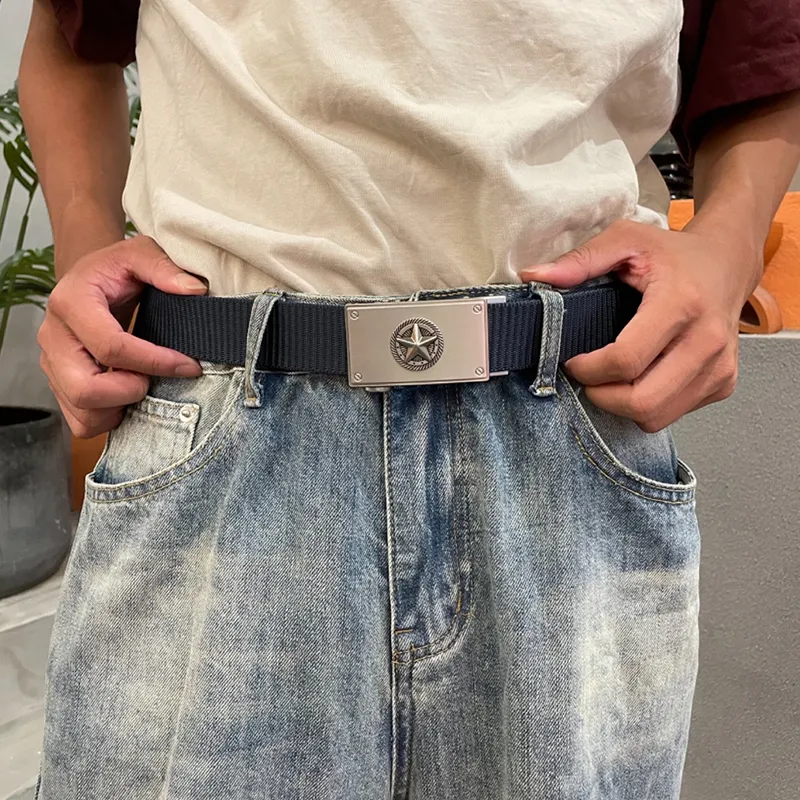 NINE NAIL Military Style Workwear Trendy Five Point Star Nylon Canvas Belt Unisex Width  3.5cm-14