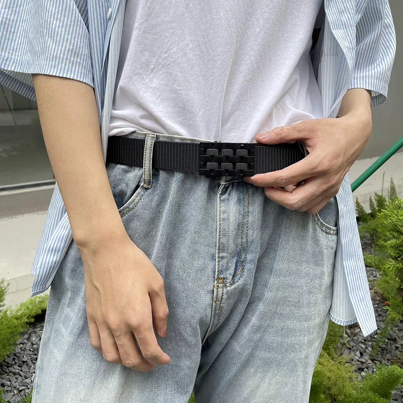 NINE NAIL 9 Section Stud Mesh With Adjustable Buckle Nylon Canvas Men's Belt Men's Width  3.5cm-4
