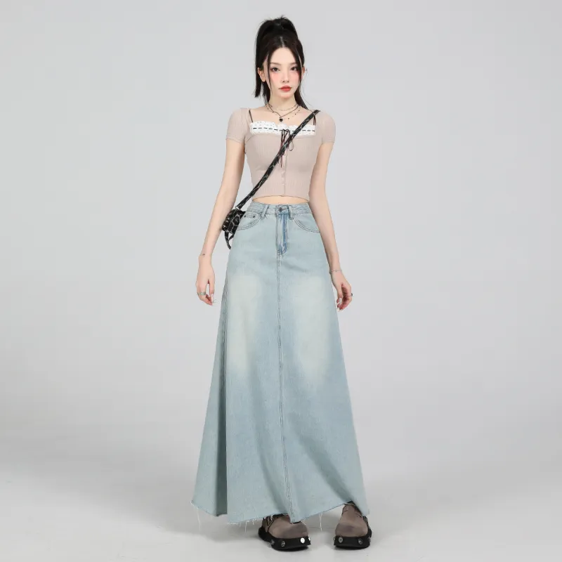 ZXZA Denim Long Skirt Women's Light Blue-2