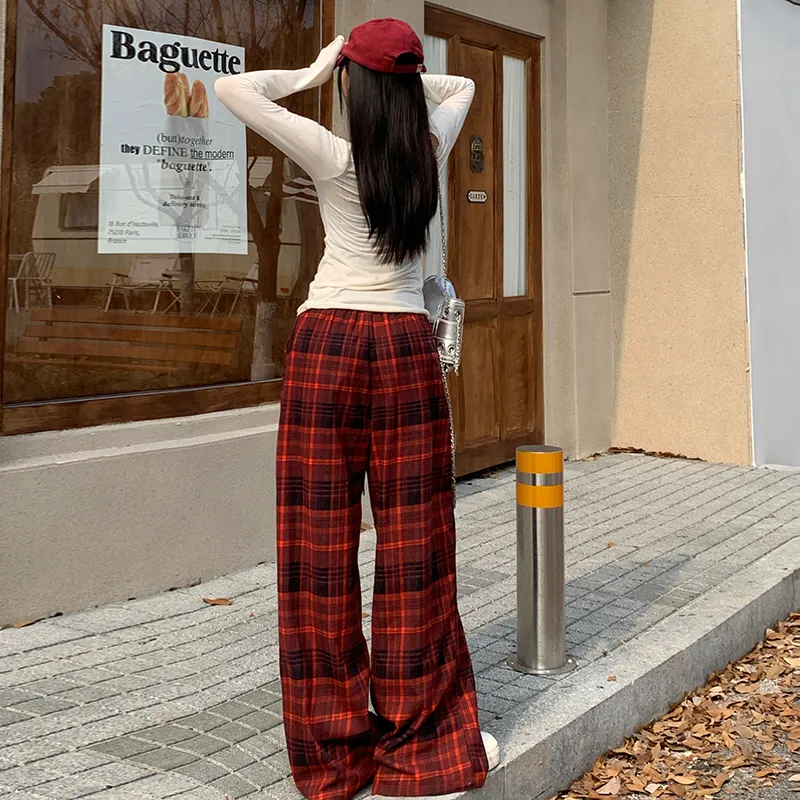 ZXZA Casual Pants Women's Red Plaid Pattern-7