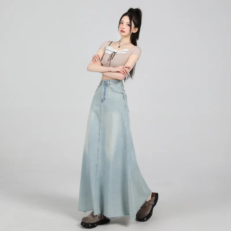 ZXZA Denim Long Skirt Women's Light Blue-6