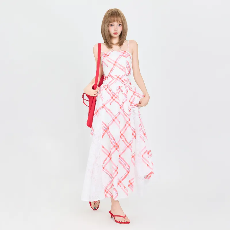 ZXZA Slip Dresses Women's Cherry Red Plaid-2