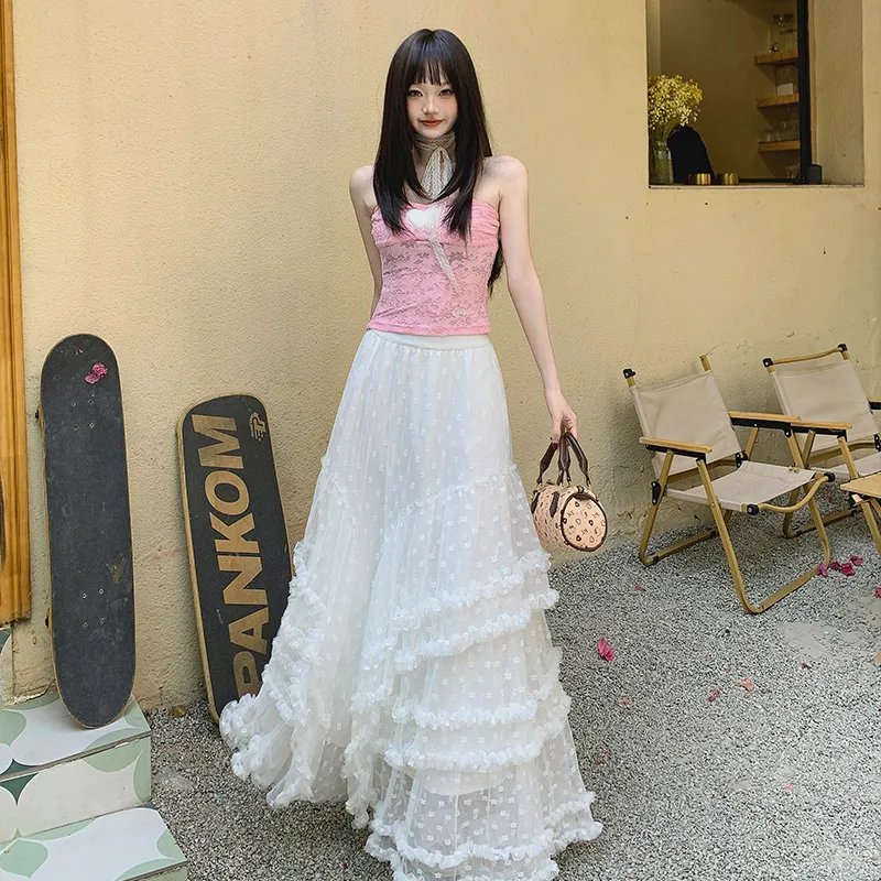 ZXZA Casual Long Skirt Women's White-5