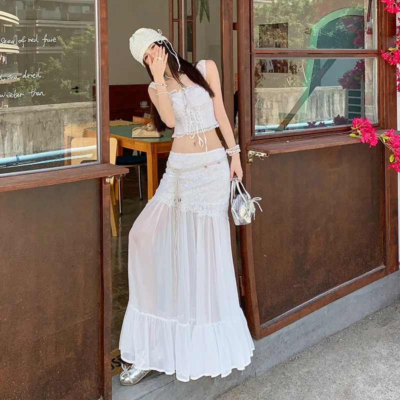 ZXZA Casual Long Skirts Women's White-5