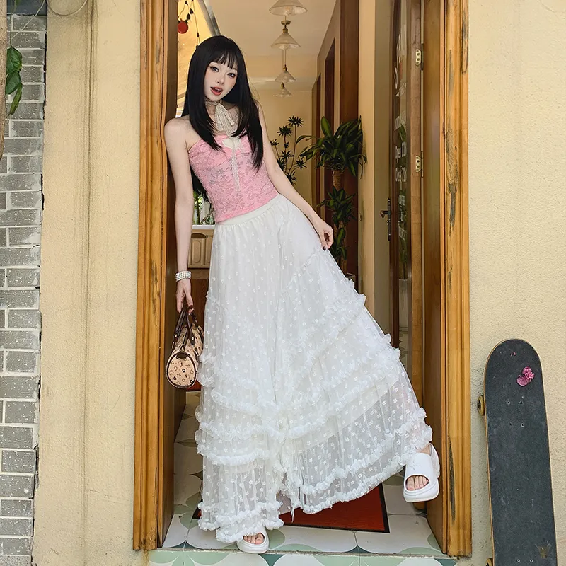 ZXZA Casual Long Skirt Women's White-4