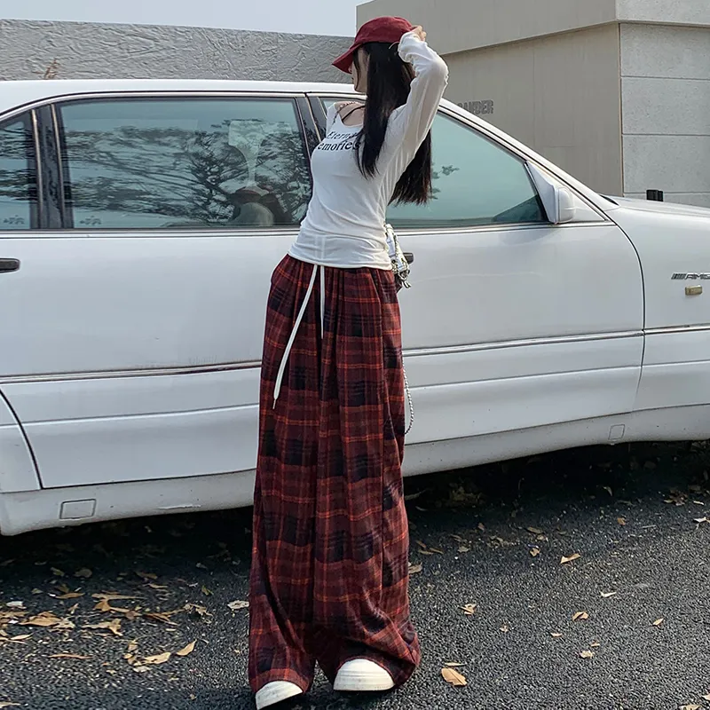 ZXZA Casual Pants Women's Red Plaid Pattern-5