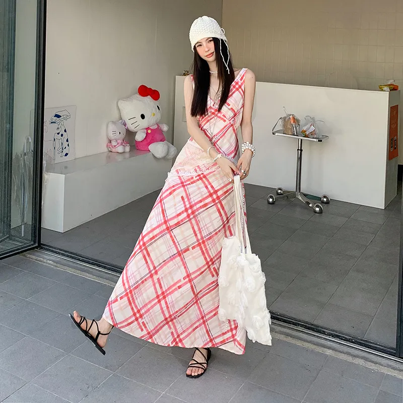 ZXZA Sleeveless Dresses Women's Red White Plaid-6
