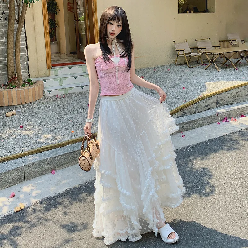 ZXZA Casual Long Skirt Women's White-3