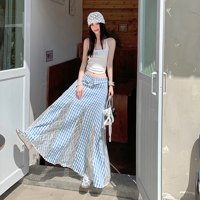 ZXZA Casual Long Skirts Women's Blue Plaid-4