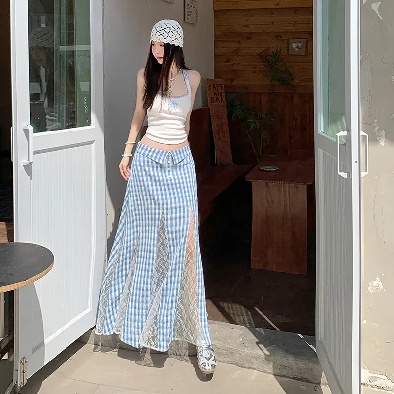 ZXZA Casual Long Skirts Women's Blue Plaid-3