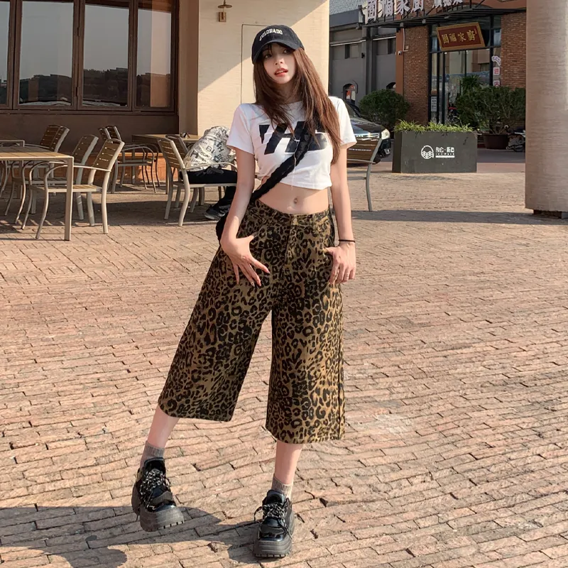 ZXZA Denim Shorts Women's Leopard Print-2