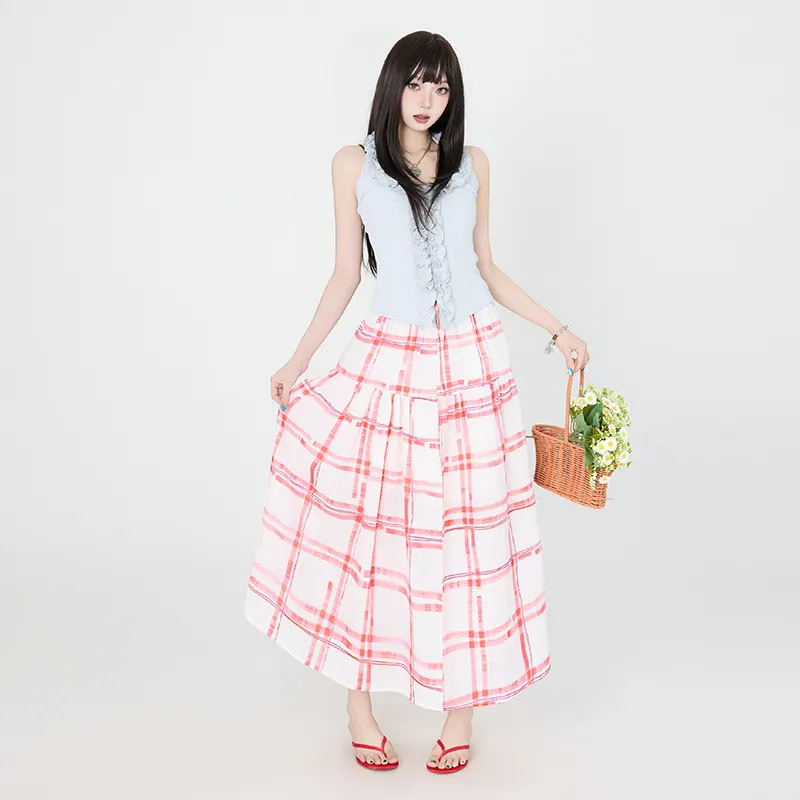 ZXZA Casual Long Skirts Women's Red Plaid-5