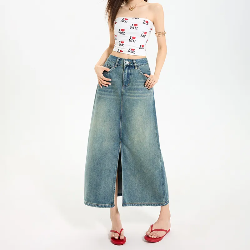 ZXZA Denim Long Skirt Women's Vintage Blue-2