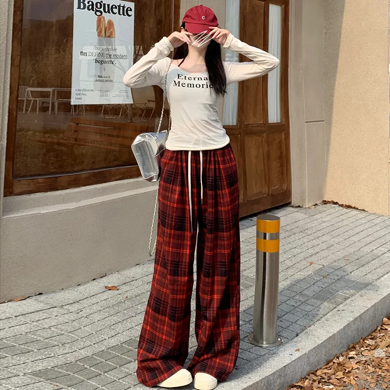 ZXZA Casual Pants Women's Red Plaid Pattern-9