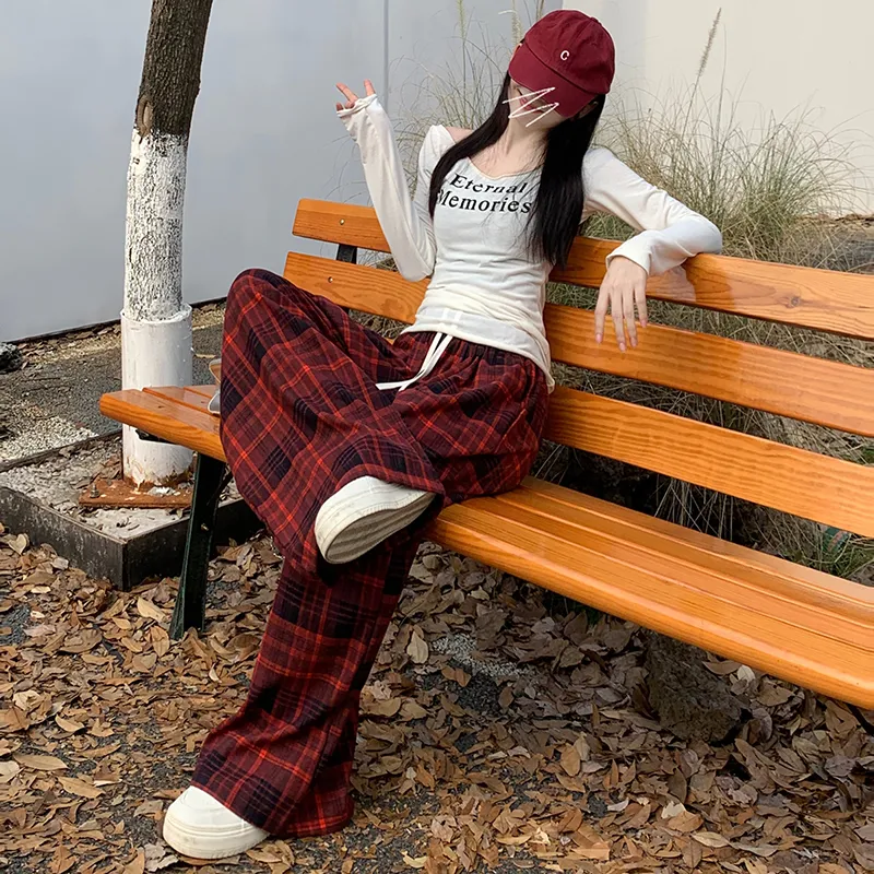 ZXZA Casual Pants Women's Red Plaid Pattern-8