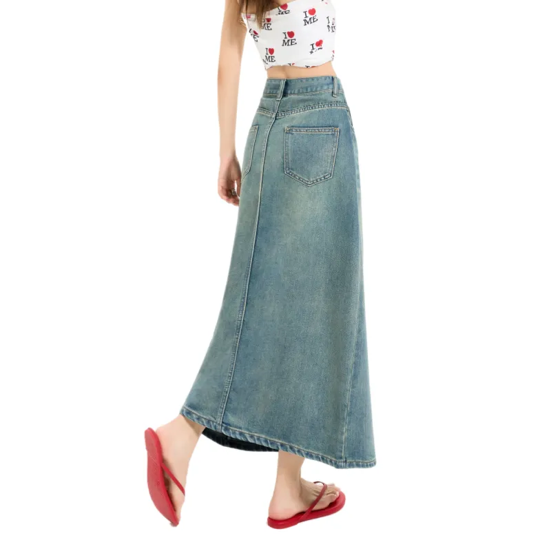 ZXZA Denim Long Skirt Women's Vintage Blue-1