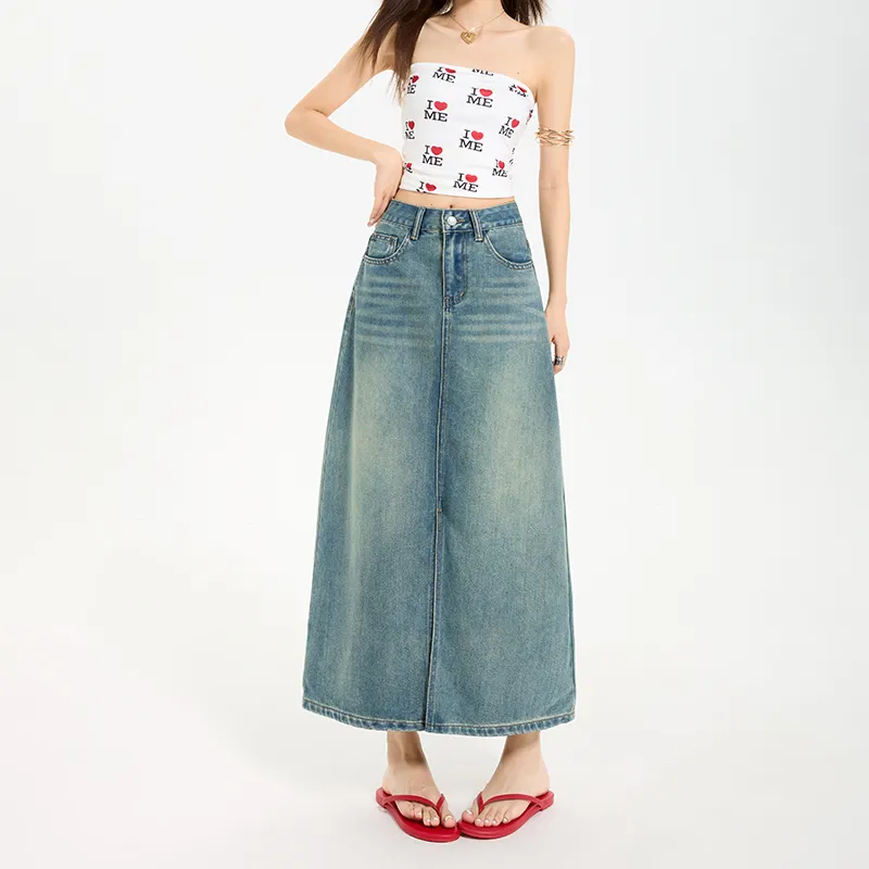 ZXZA Denim Long Skirt Women's Vintage Blue-5