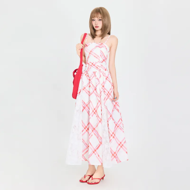 ZXZA Slip Dresses Women's Cherry Red Plaid-6