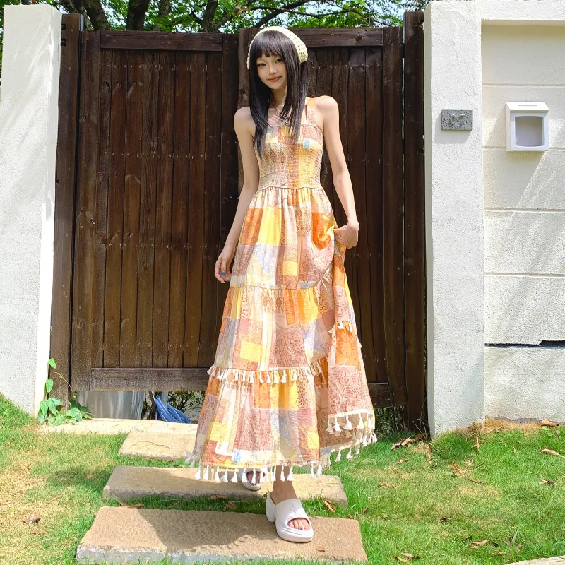 ZXZA Sleeveless Dresses Women's Ethnic Yellow-4