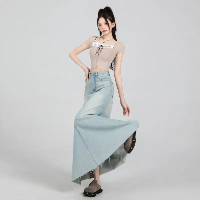 ZXZA Denim Long Skirt Women's Light Blue-5