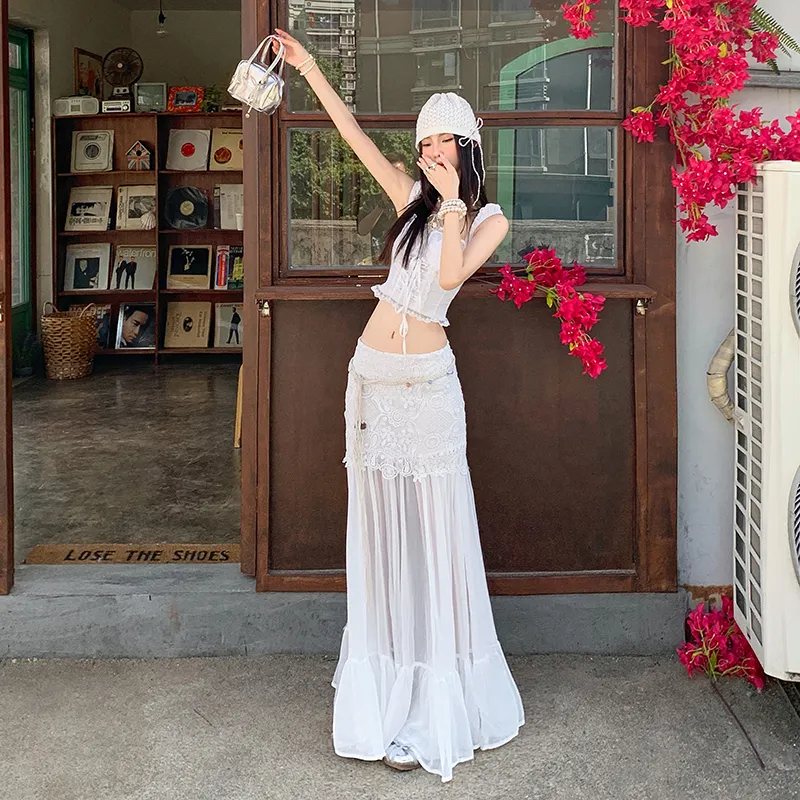 ZXZA Casual Long Skirts Women's White-6