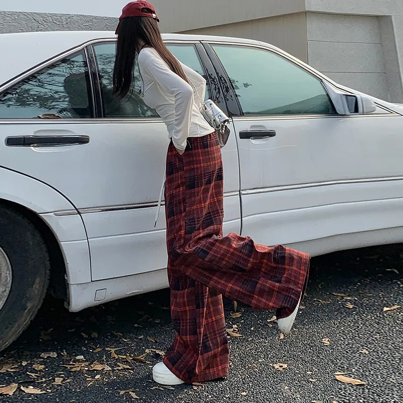 ZXZA Casual Pants Women's Red Plaid Pattern-2
