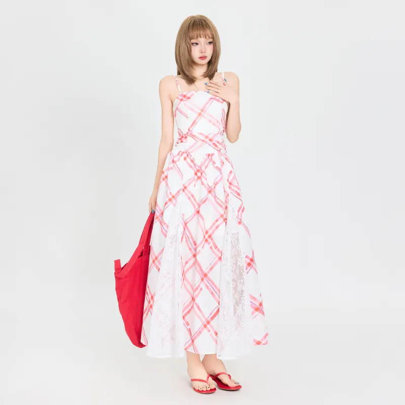 ZXZA Slip Dresses Women's Cherry Red Plaid-5