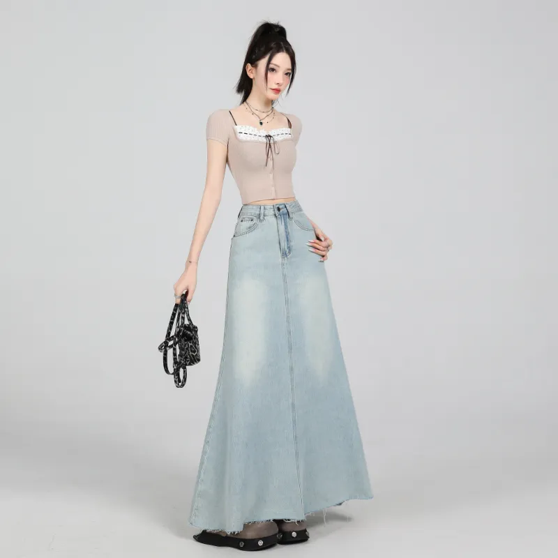ZXZA Denim Long Skirt Women's Light Blue-3