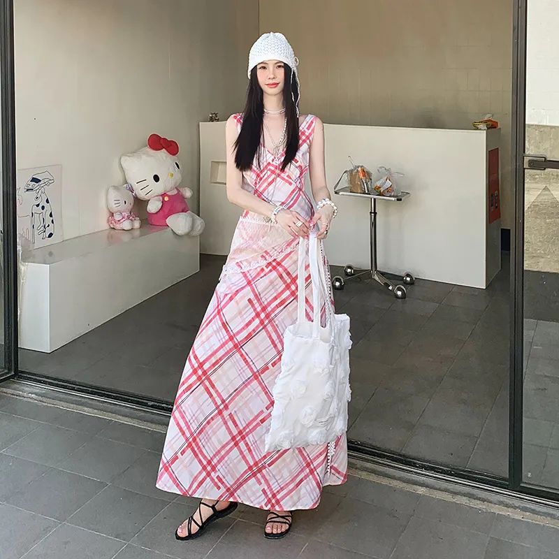 ZXZA Sleeveless Dresses Women's Red White Plaid-2