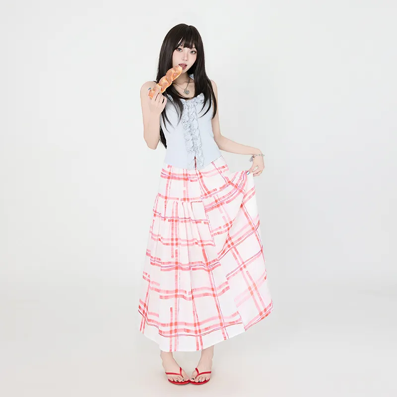 ZXZA Casual Long Skirts Women's Red Plaid-4