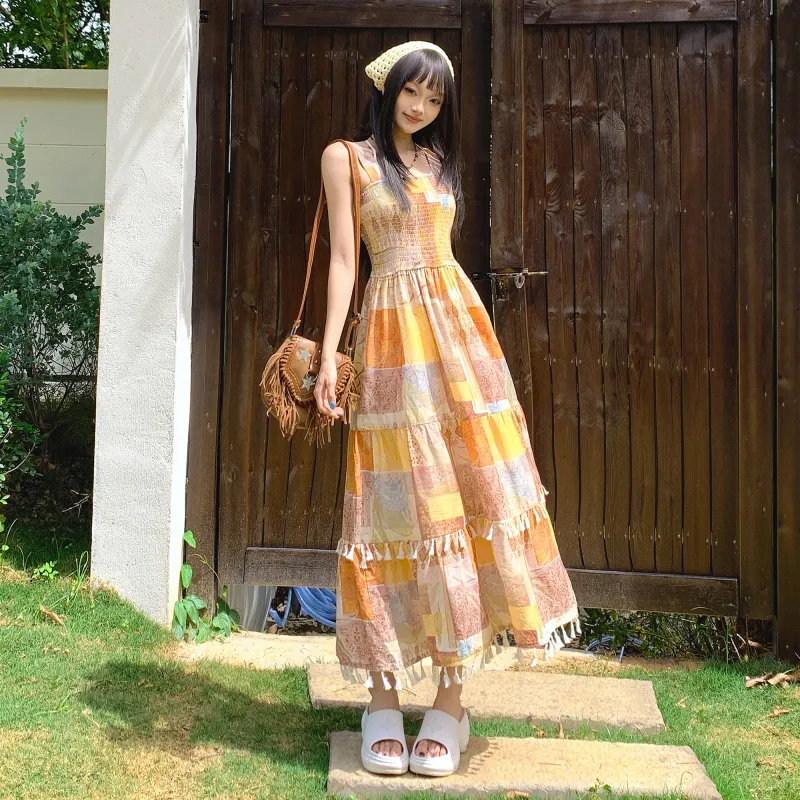 ZXZA Sleeveless Dresses Women's Ethnic Yellow-5