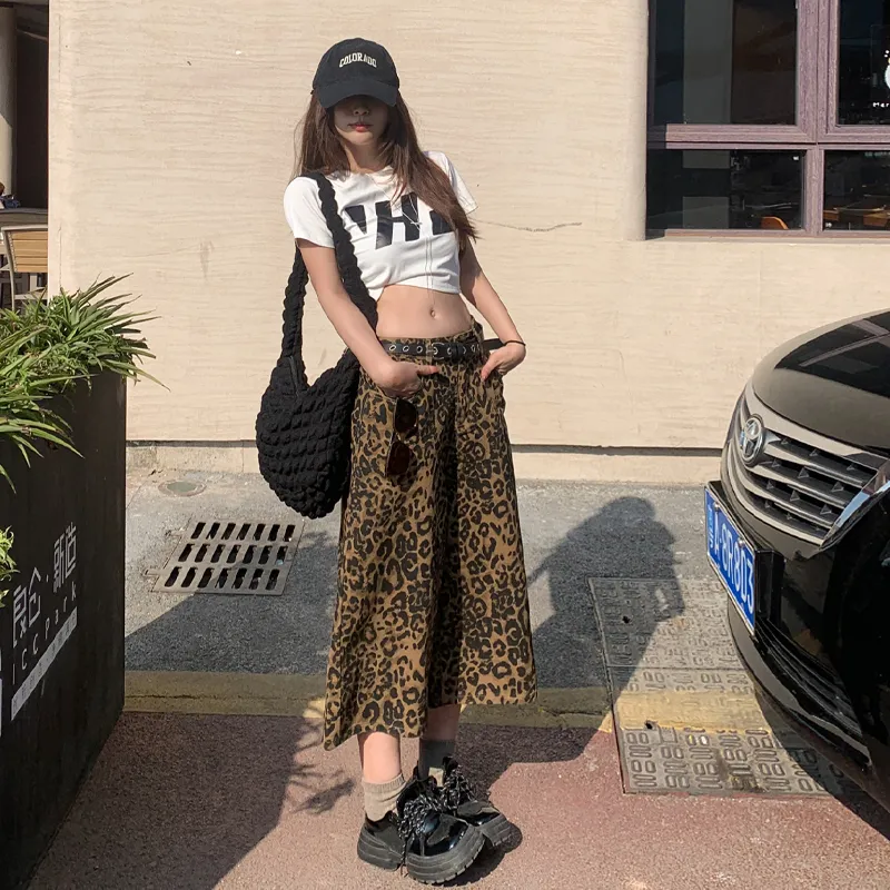 ZXZA Denim Shorts Women's Leopard Print-5
