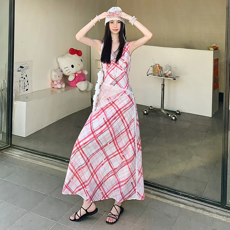ZXZA Sleeveless Dresses Women's Red White Plaid-5