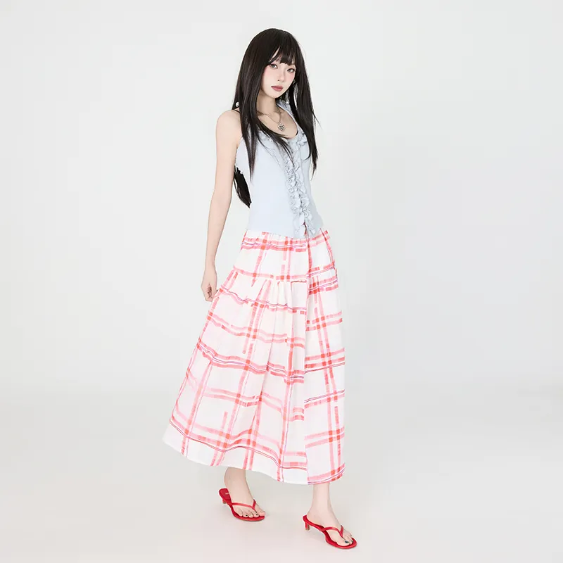 ZXZA Casual Long Skirts Women's Red Plaid-3