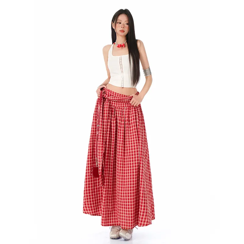 ZXZA Casual Long Skirt Women's Red Plaid-5