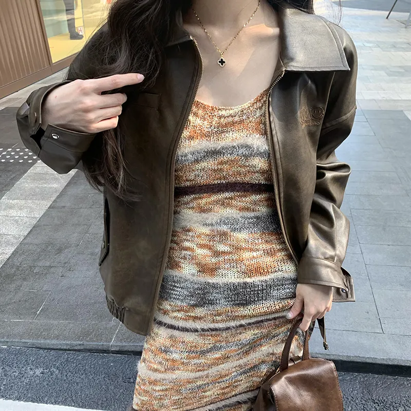 ZXZA Leather Jacket Women's Vintage Brown-2