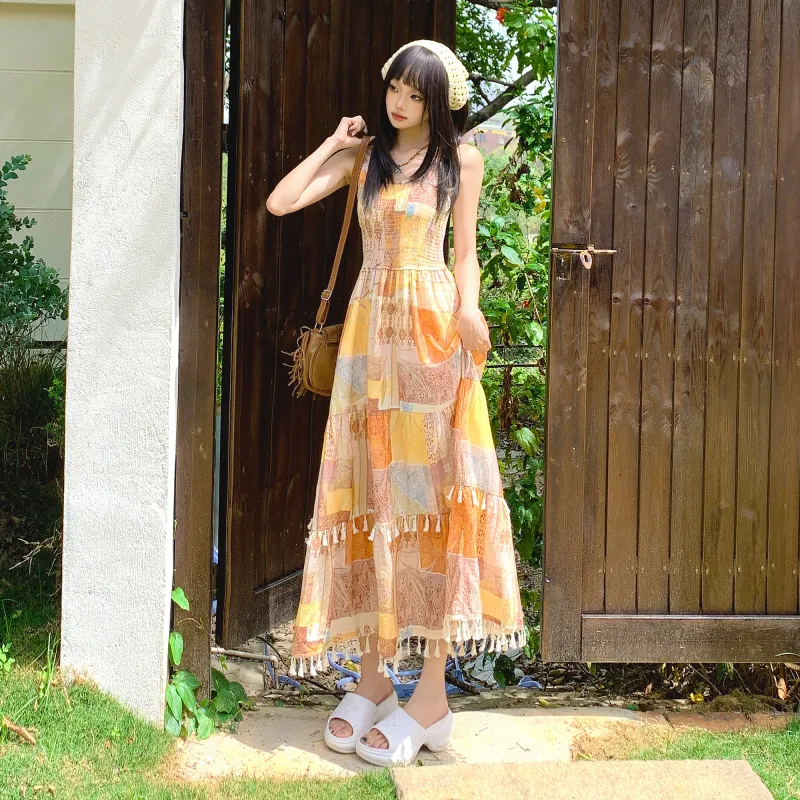 ZXZA Sleeveless Dresses Women's Ethnic Yellow-6