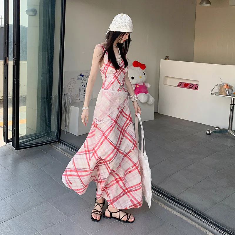 ZXZA Sleeveless Dresses Women's Red White Plaid-3