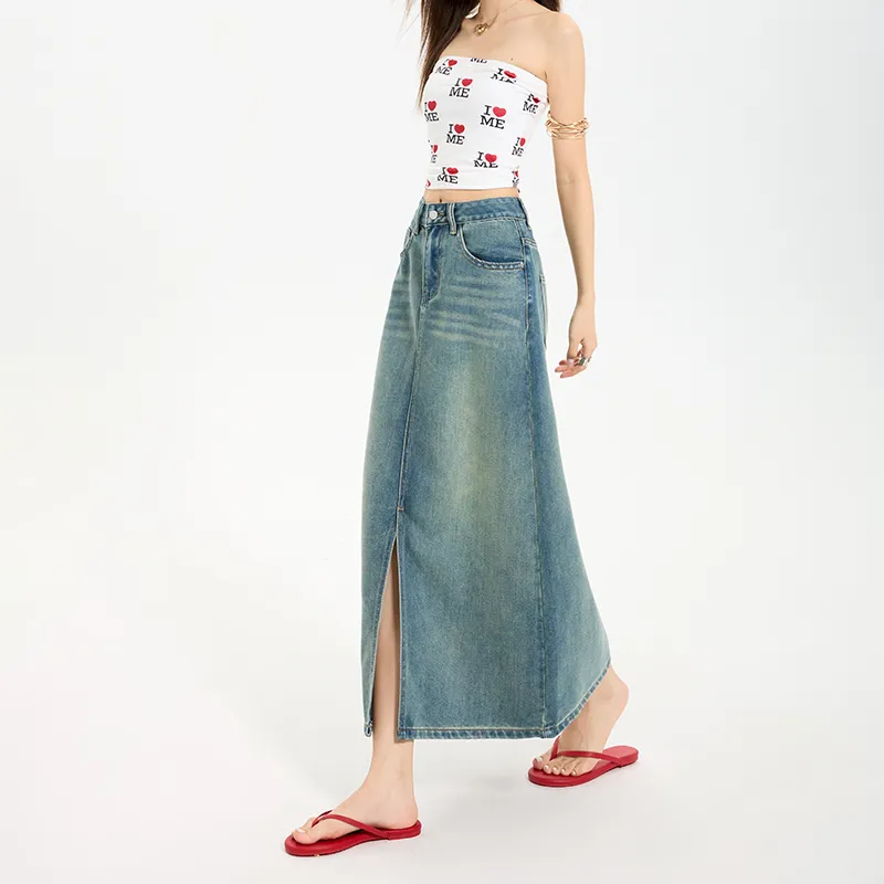 ZXZA Denim Long Skirt Women's Vintage Blue-4