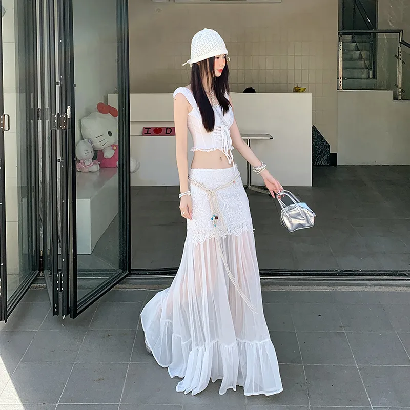 ZXZA Casual Long Skirts Women's White-3