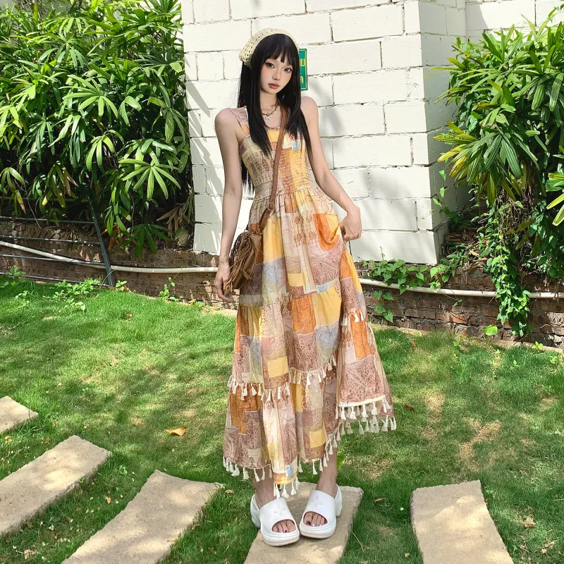 ZXZA Sleeveless Dresses Women's Ethnic Yellow-2