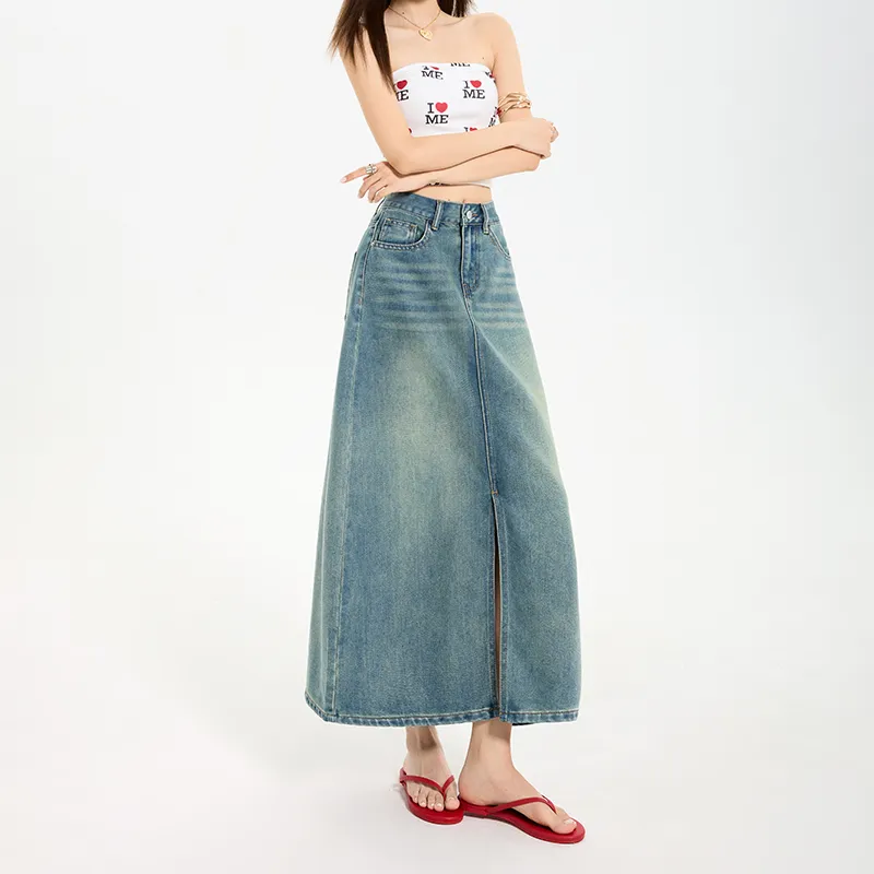 ZXZA Denim Long Skirt Women's Vintage Blue-3