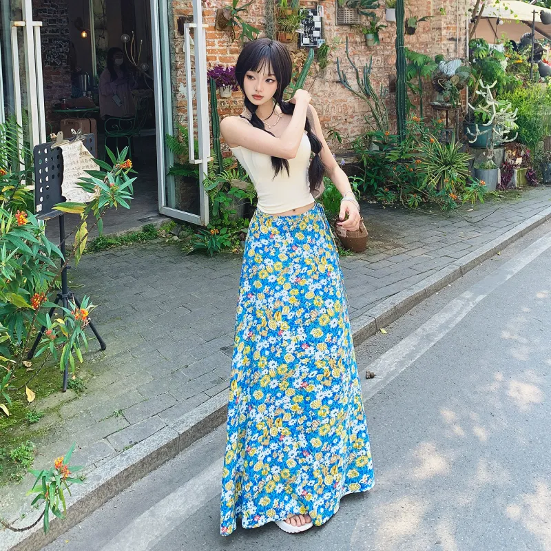 ZXZA Casual Long Skirt Women's Blue-6