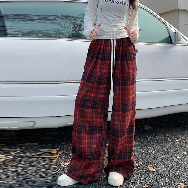 ZXZA Casual Pants Women's Red Plaid Pattern-4