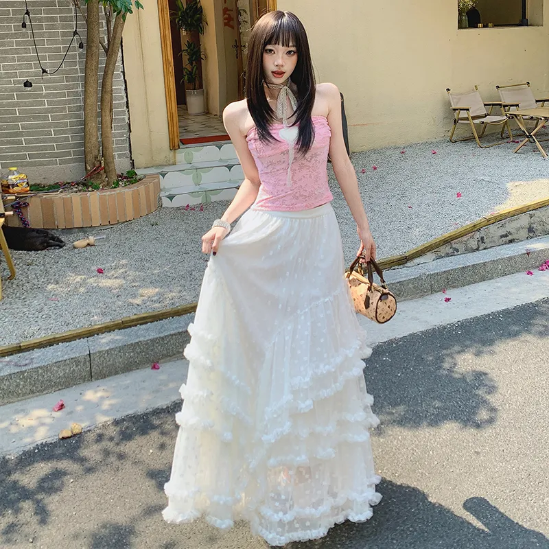 ZXZA Casual Long Skirt Women's White-2
